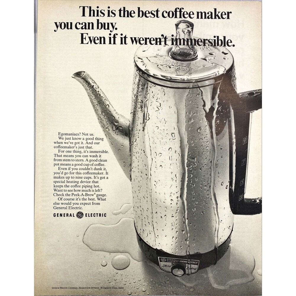 General Electric Immersible Coffee Maker Vintage Print Ad 1970
